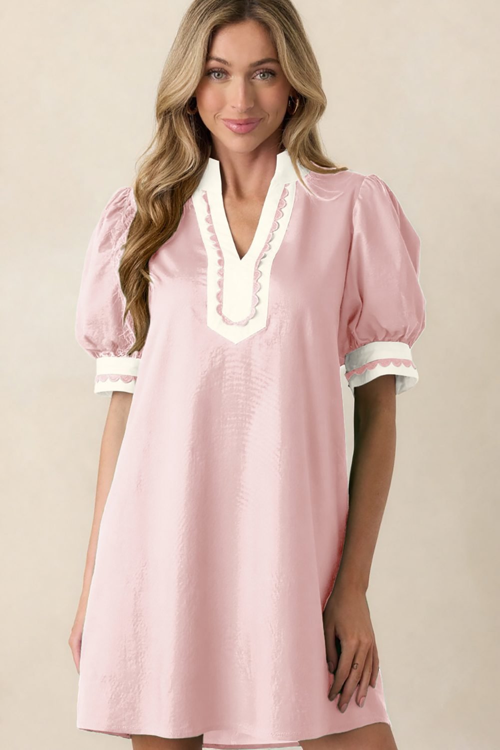 Light Pink Scallop Color Block Trim Puff Sleeve Mini Dress