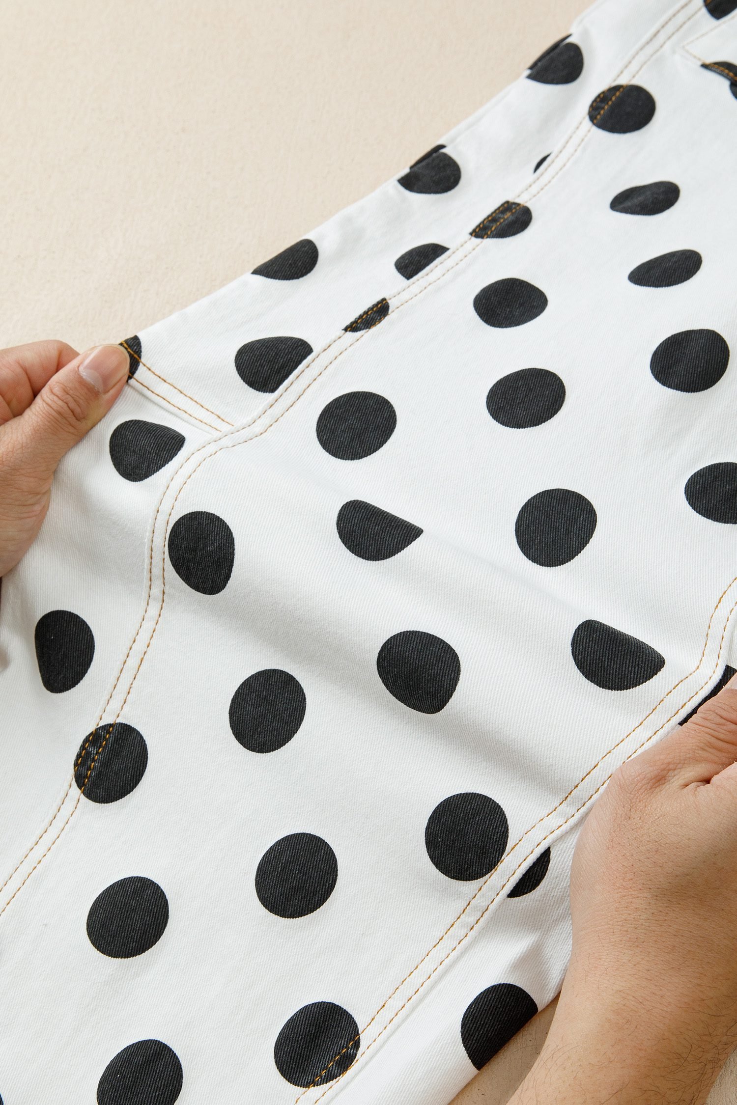 White Polka Dot Print Bow Detail Pocketed Jeans