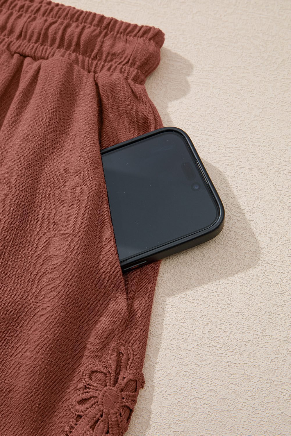 Chestnut Lace Splicing Drawstring Elastic Waist Loose Linen Shorts