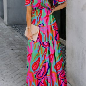 Multicolor Fiery Floral Print Frilled V Neck Short Sleeve Maxi Dress