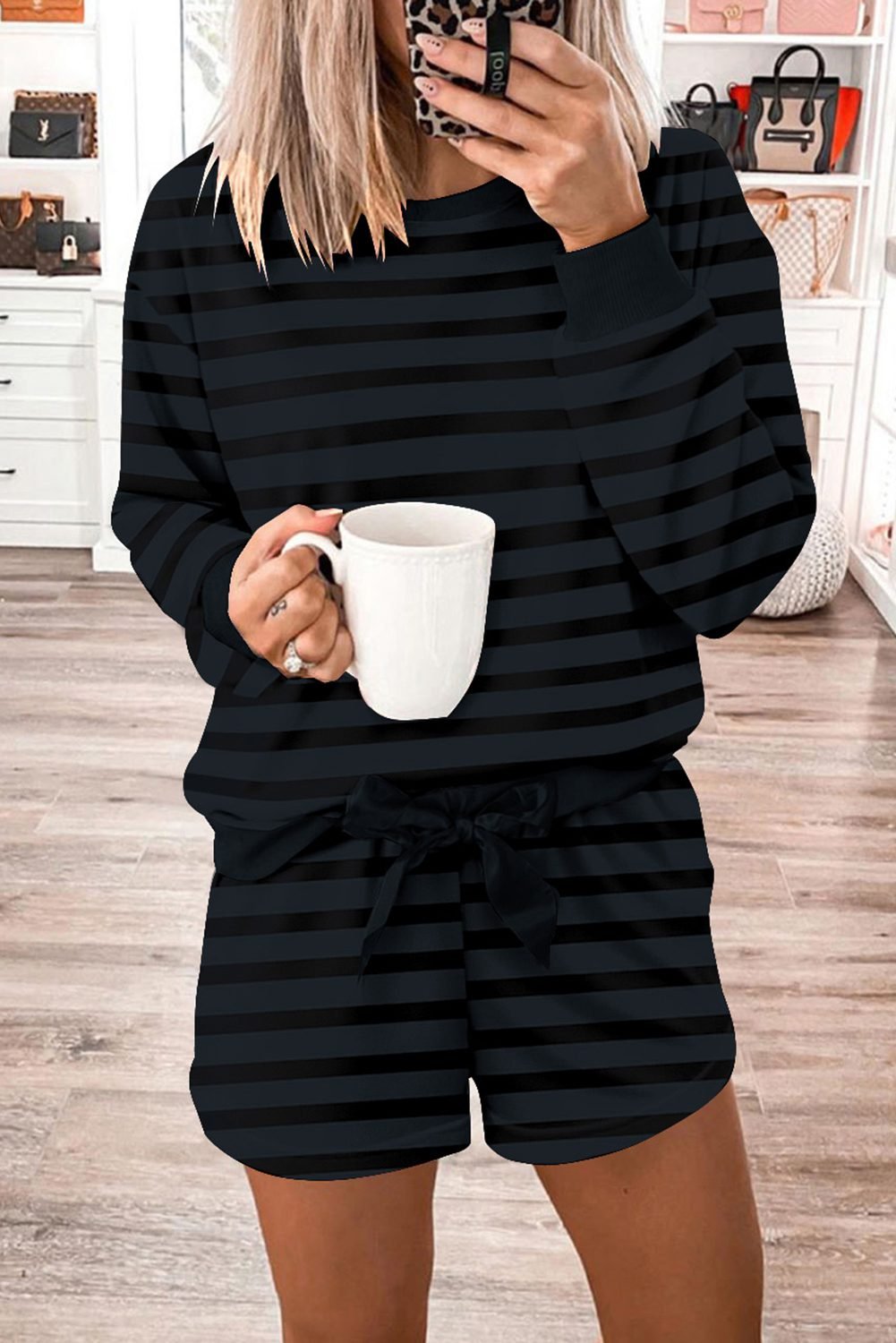 Gray Printed Stripe Long Sleeve Satin Tie Shorts Two Piece Set