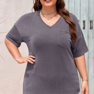 Light Grey Textured V-Neck Dropped Shoulder Plus T-Shirt