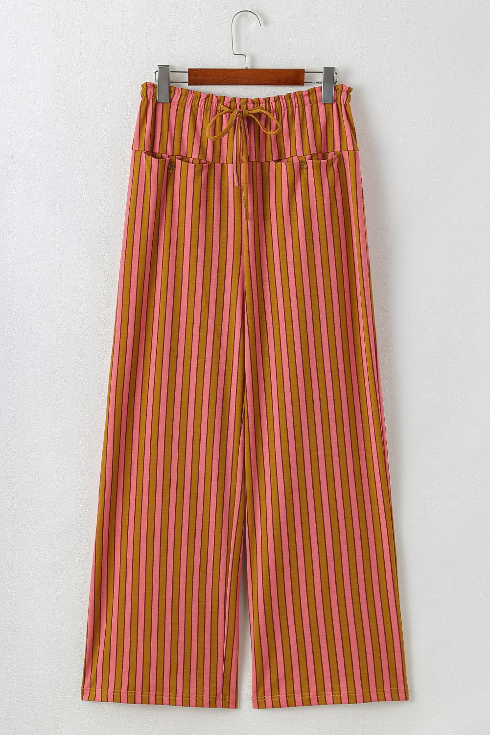 Red Stripe Button Pocket Tie Waist Casual Wide Leg Pants