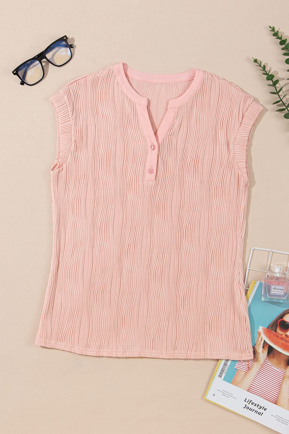 Pink Wavy Textured Button V Neck Tee