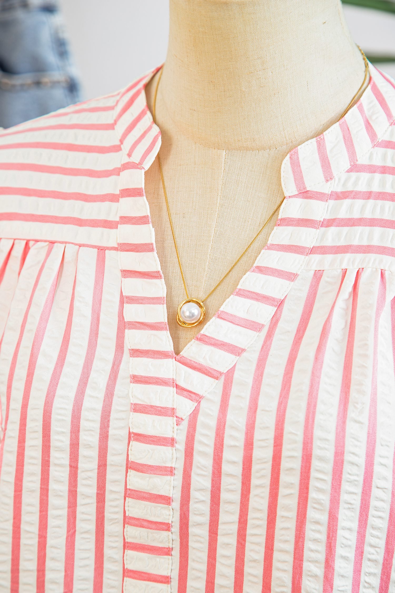 Pink Stripe Print Floral Embroidered Puff Sleeve V Neck Blouse