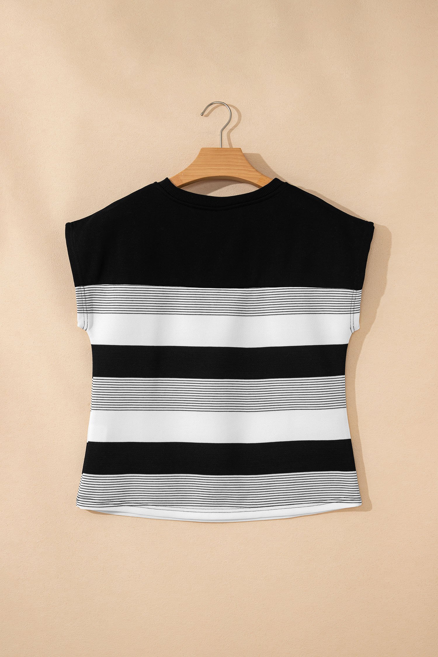 Black Stripe Mixed Print Crew Neck Cap Sleeve T Shirt