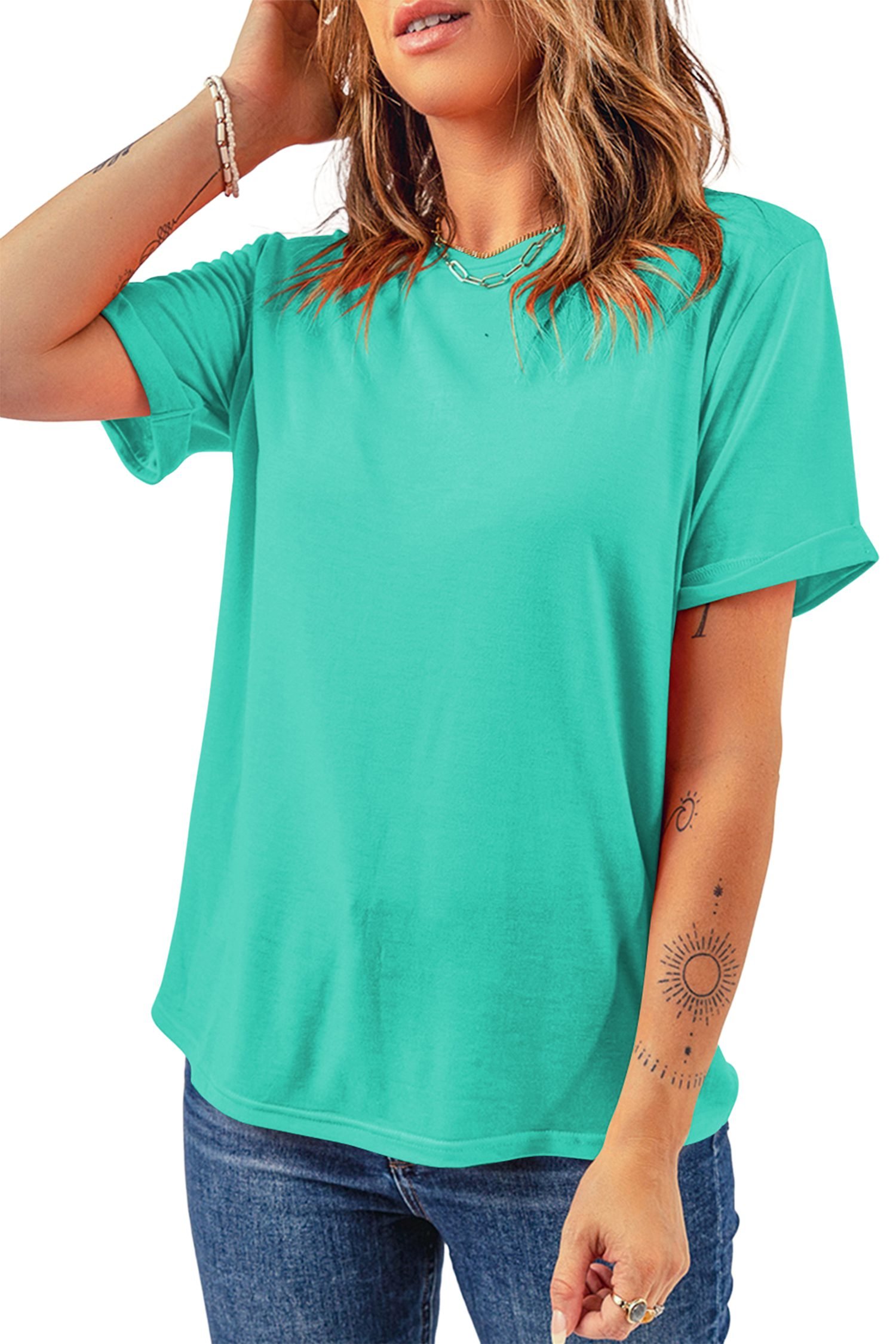 Mint Green Casual Plain Crew Neck Tee