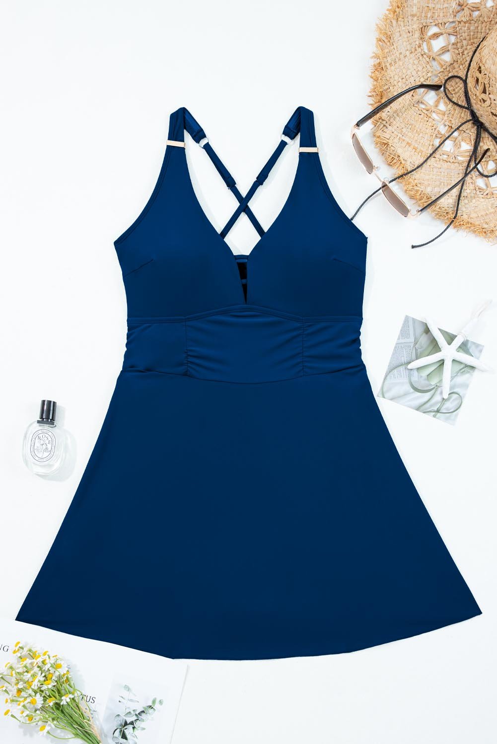 Sail Blue Solid Color Crossed Straps One Piece Swim Dress