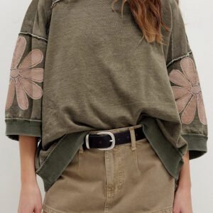 Breen Mineral Wash Raw Seam Patchwork Flower Patched 3/4 Sleeve Oversize Top