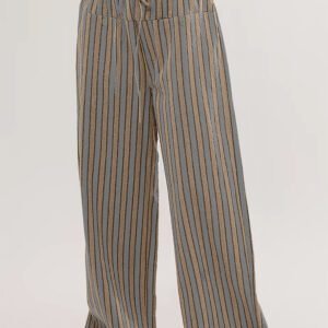 Khaki Stripe Button Pocket Tie Waist Casual Wide Leg Pants