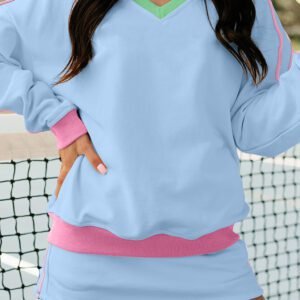 Sky Blue Ribbed Colorblock Trim V Neck Sporty Pullover Mini Skort 2pcs Athleisure Set