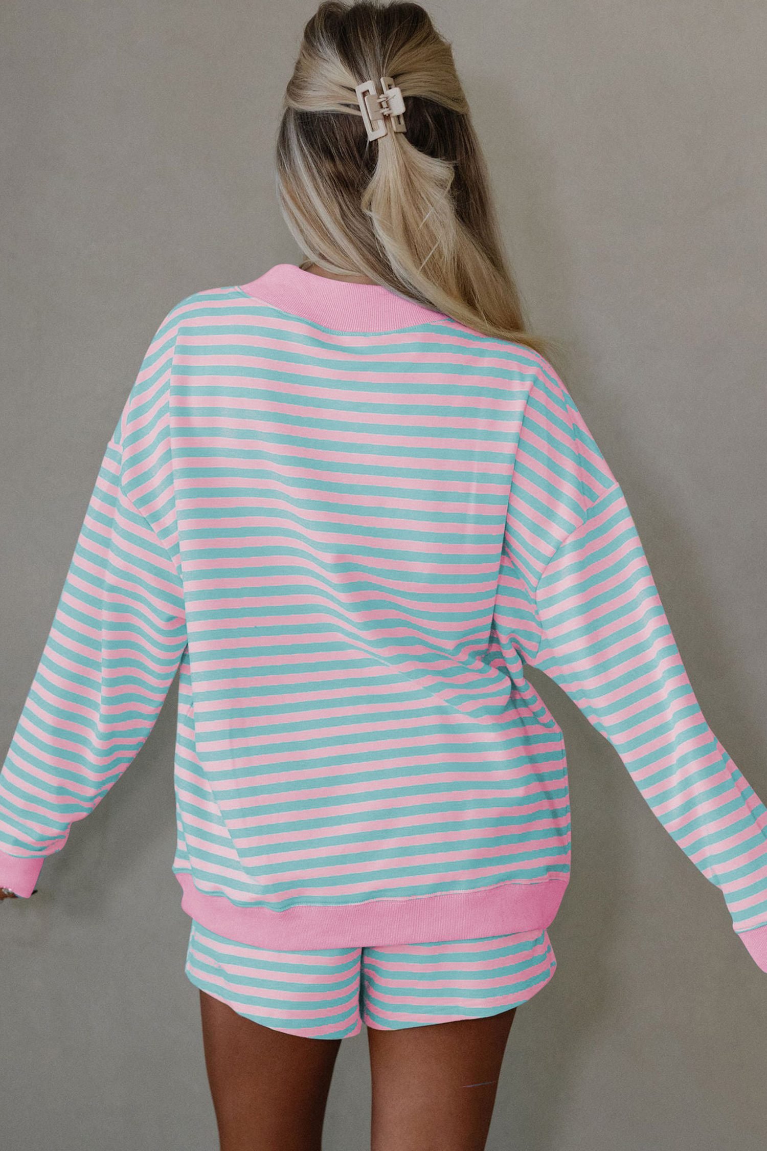 Pink Stripe Color Block Detail Long Sleeve Pullover Elastic Waist Pull On Shorts 2pcs Set