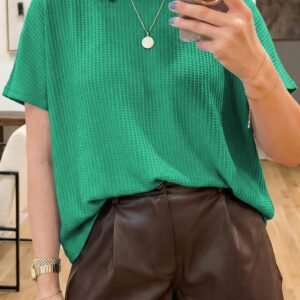 Sea Green Waffle Textured Knit Dolman Short Sleeve Loose Top