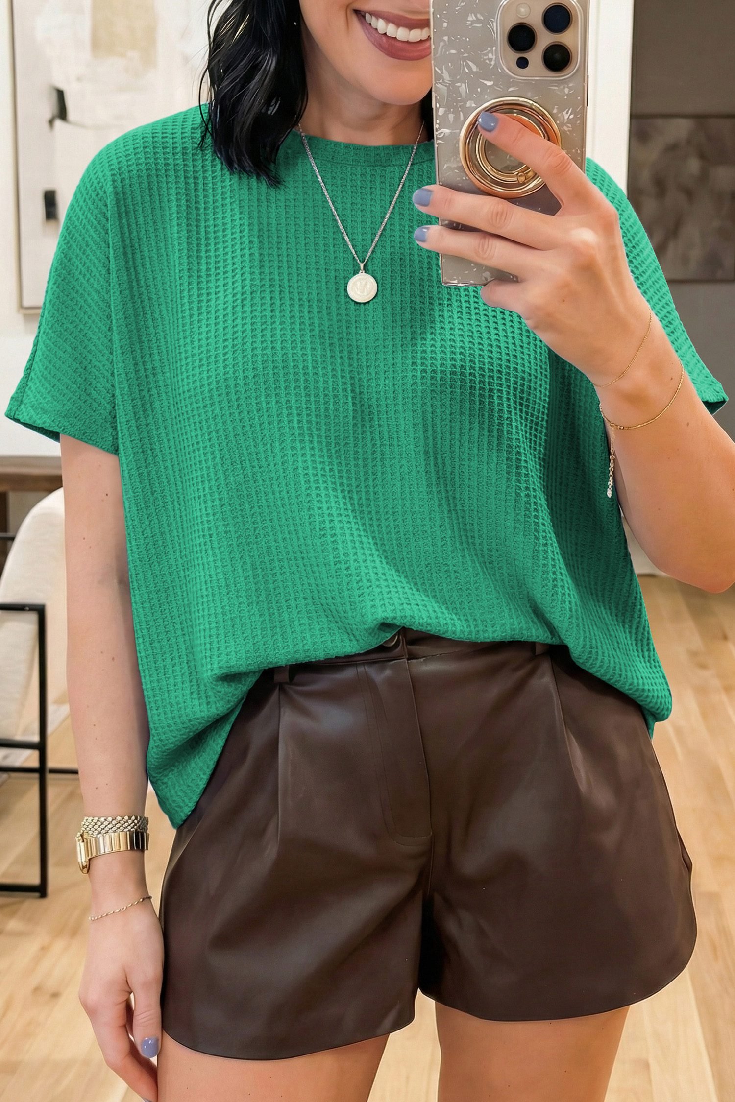 Sea Green Waffle Textured Knit Dolman Short Sleeve Loose Top