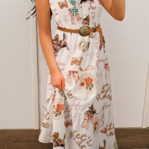 White Western Horseshoe Print U-Neck Sleeveless Midi Dress