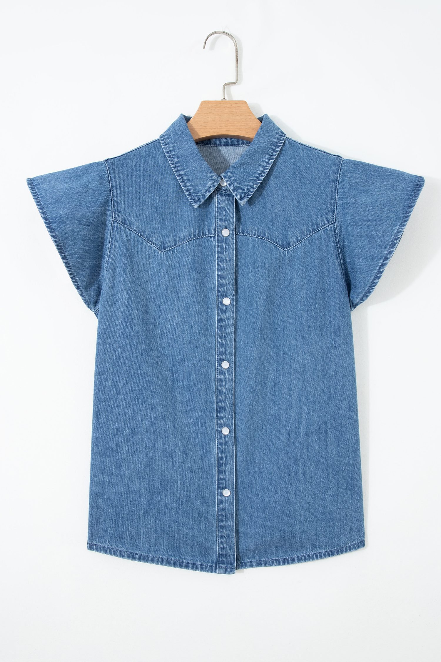 Dusk Blue Ruffled Short Sleeve Denim Shirt
