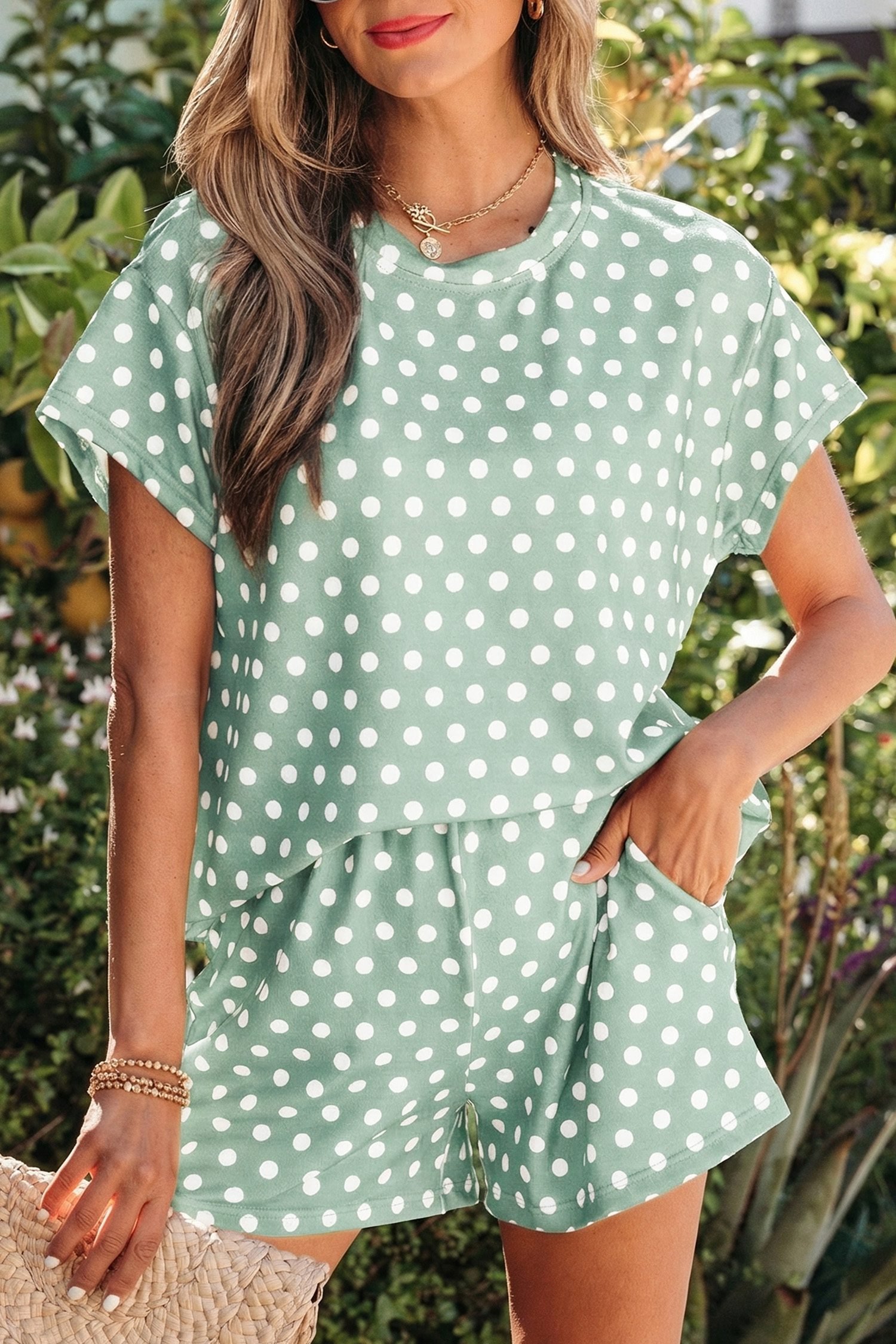 Green Polka Dot Print Short Set