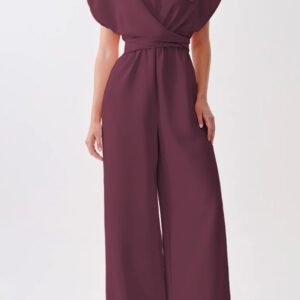 Burgundy Solid Color Cap Sleeve Knot Waist Shift Jumpsuit