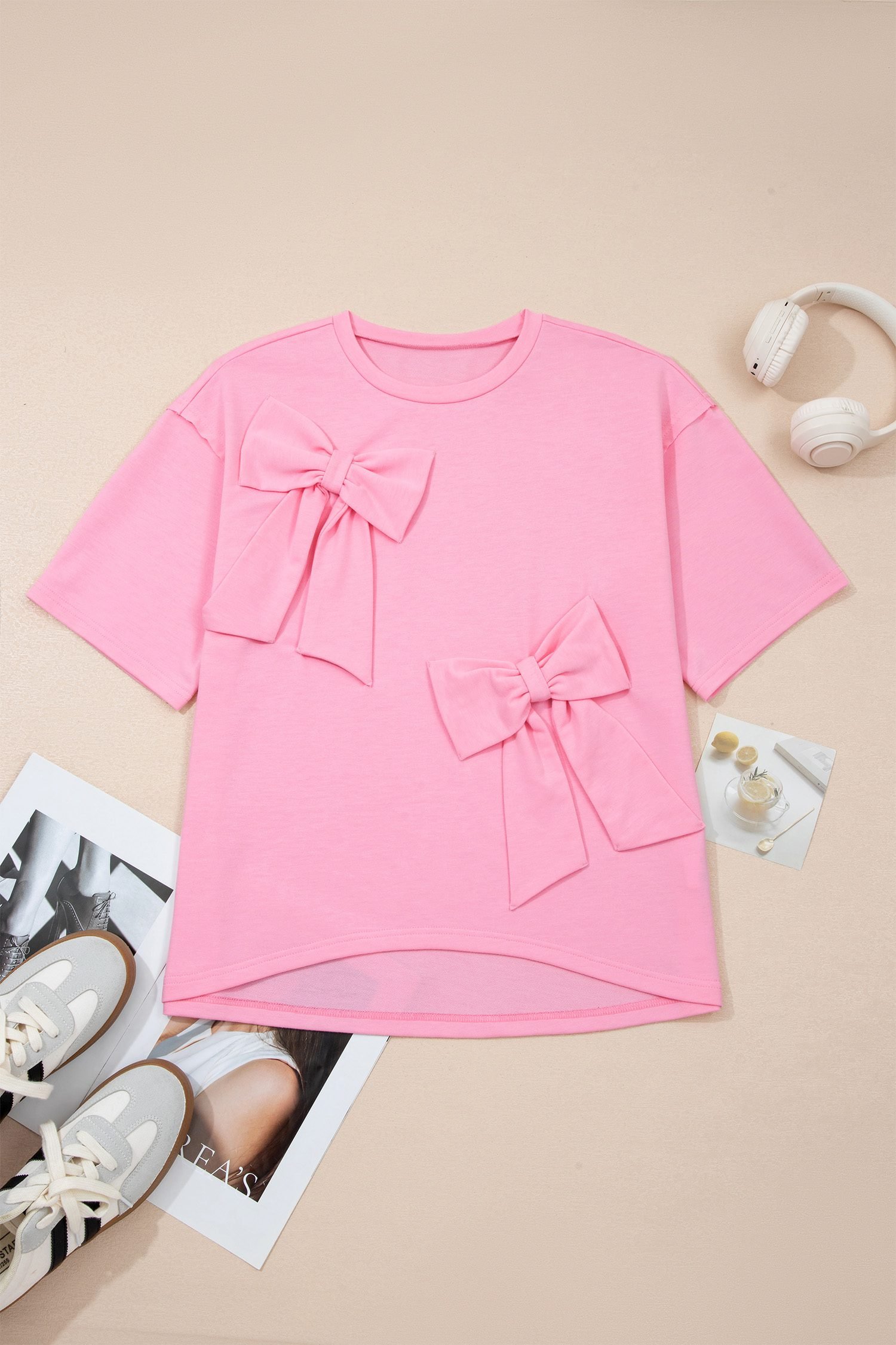 Pink Solid Color Raw Edge Bow Patch Loose T Shirt