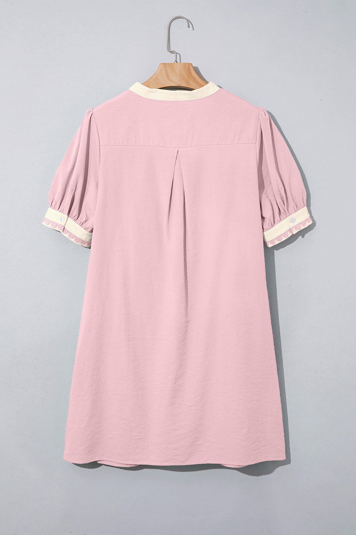 Light Pink Scallop Color Block Trim Puff Sleeve Mini Dress