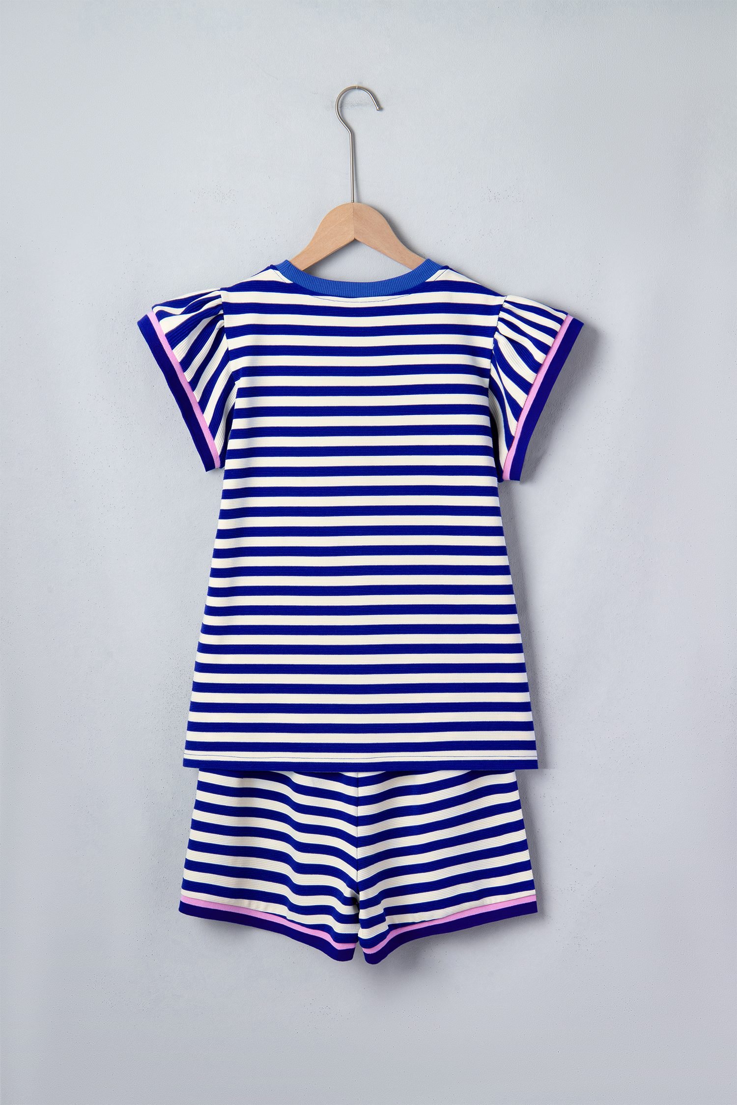 Blue Stripe Contrast Trim Cap Sleeve Top Casual Shorts 2pcs Set
