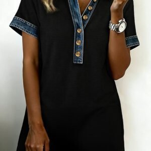 Black Waffle Knit Denim Contrast Trim Patchwork Button Polo Tee Dress