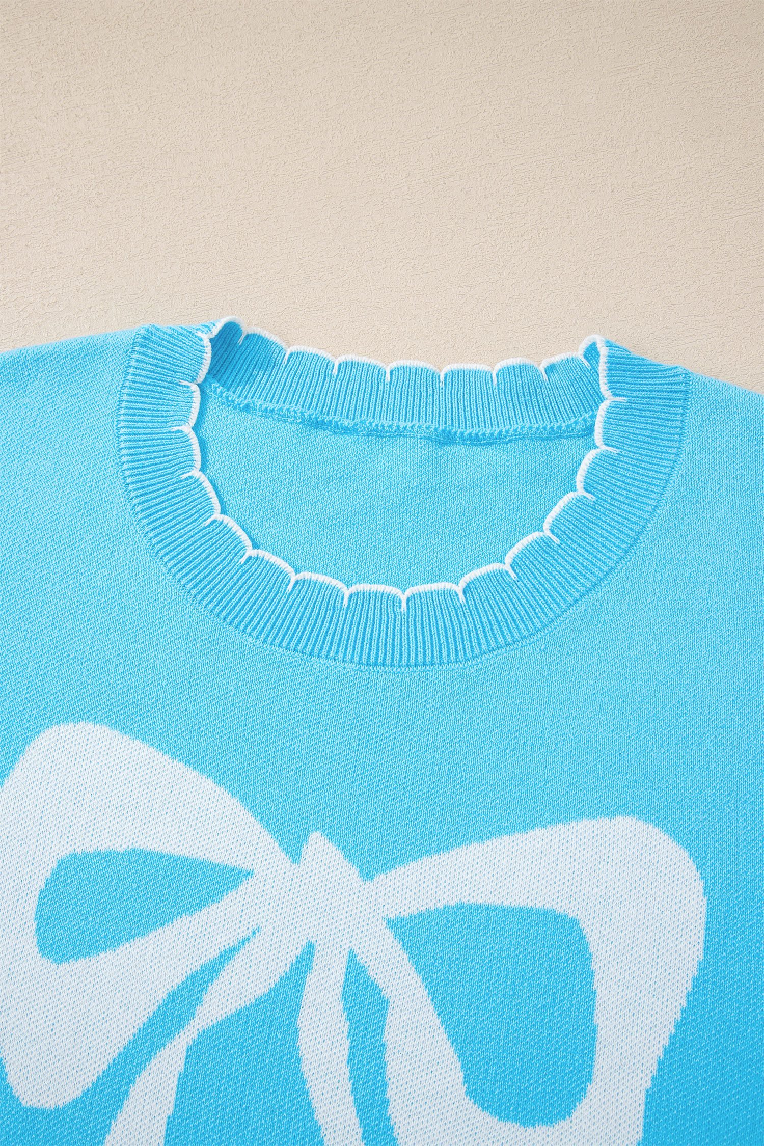 Light Blue Big Ribbon Bow Print Contrast Stitch Trim Drop Shoulder Sweater