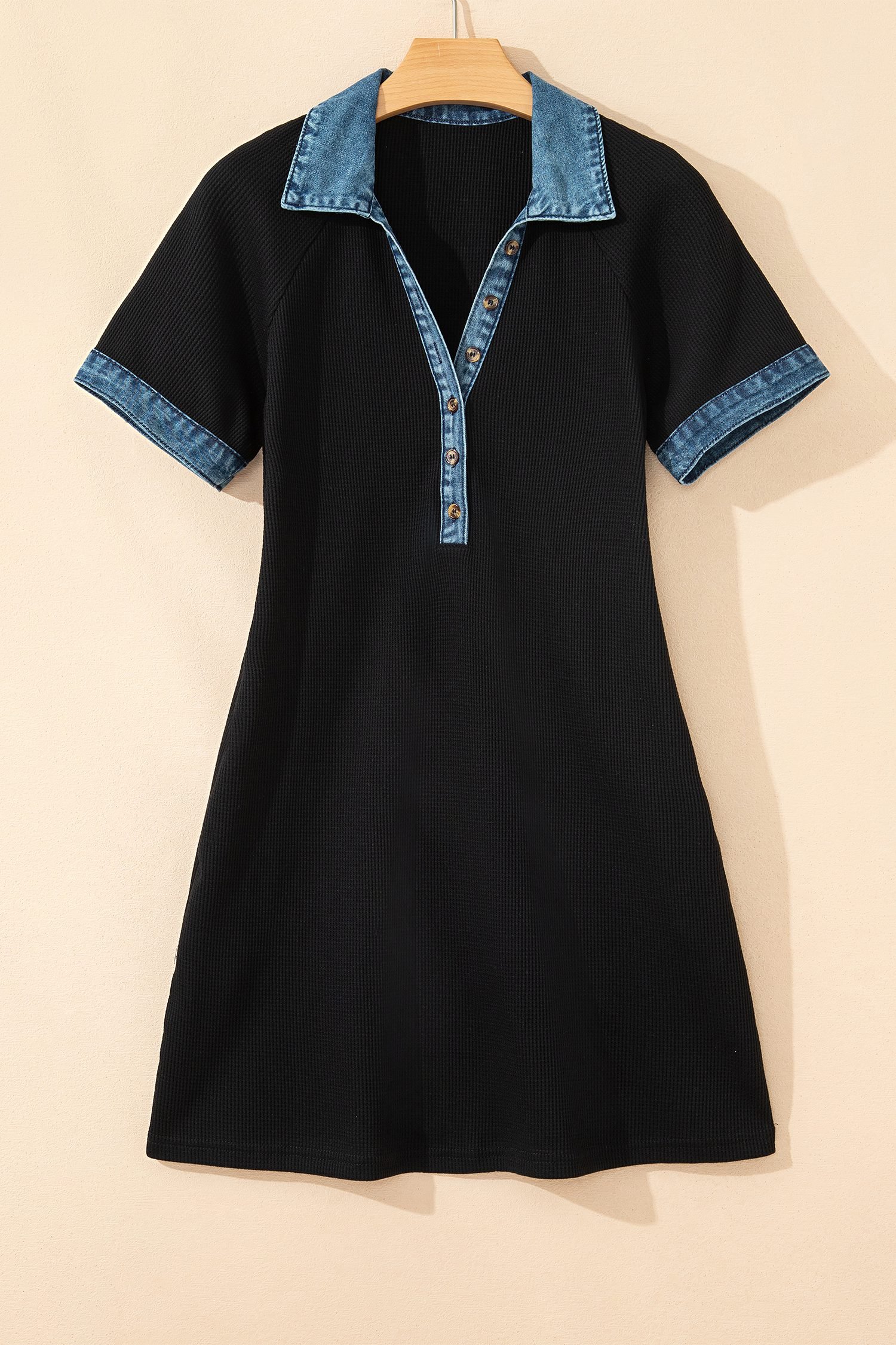 Black Waffle Knit Denim Contrast Trim Patchwork Button Polo Tee Dress