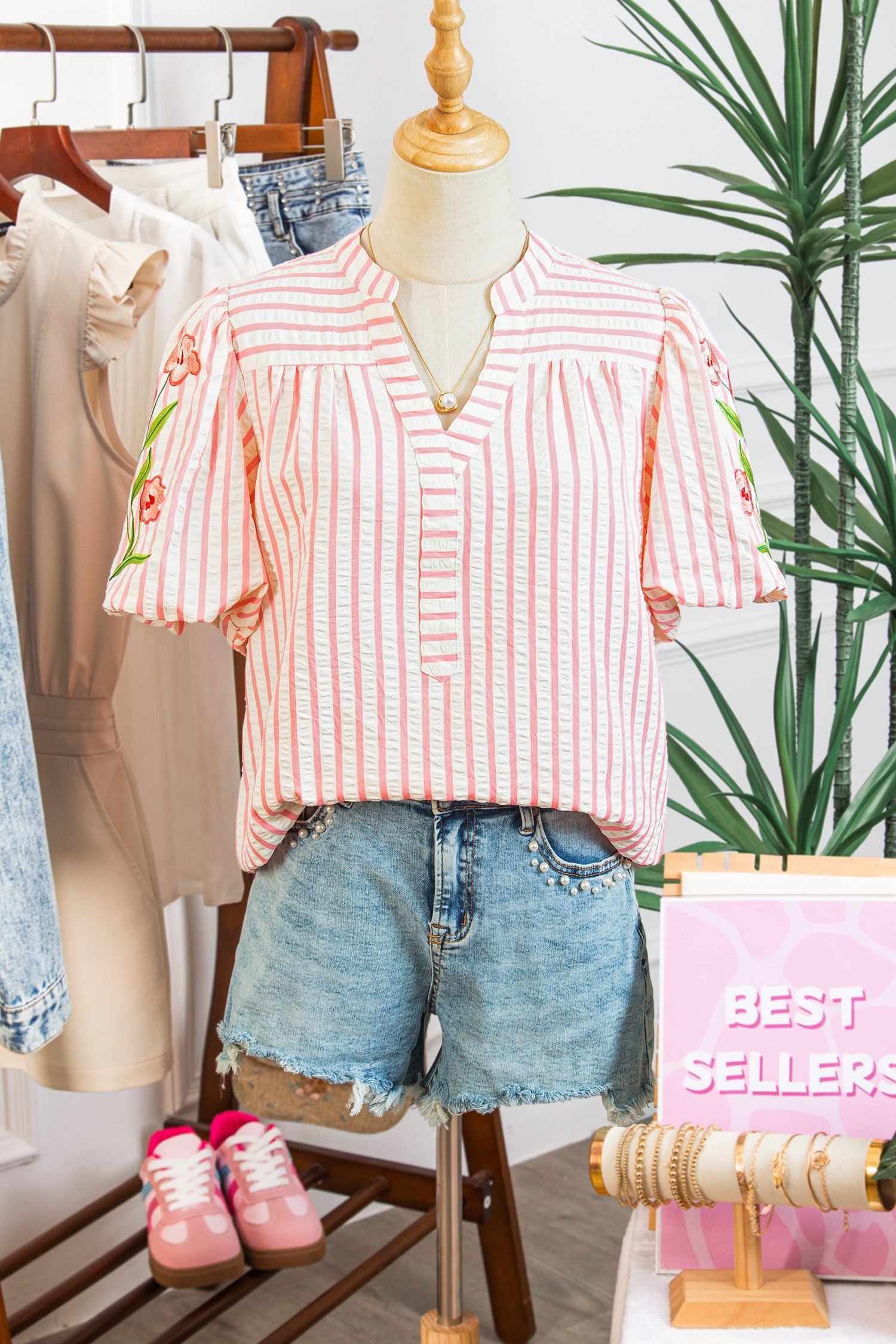 Pink Stripe Print Floral Embroidered Puff Sleeve V Neck Blouse