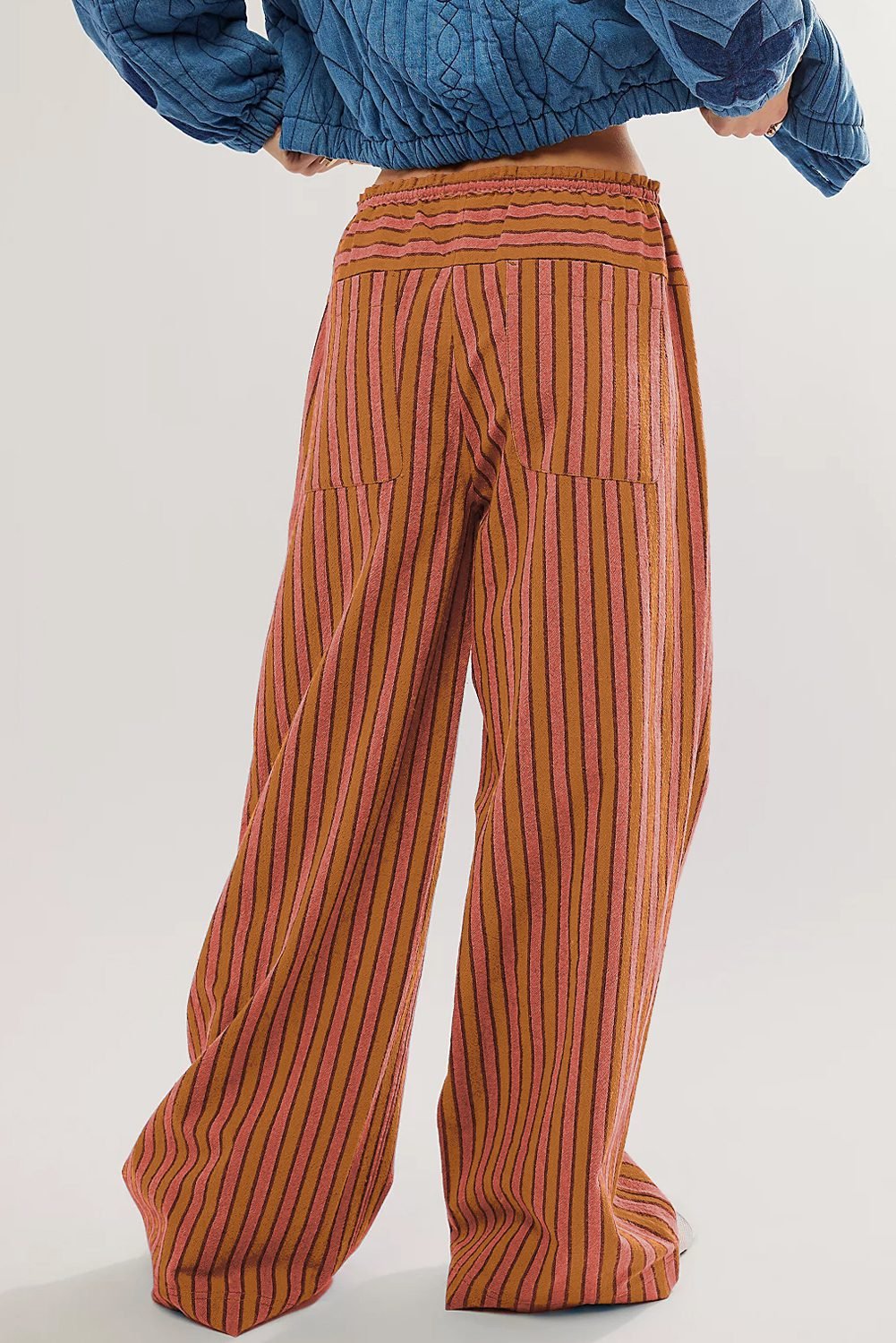 Red Stripe Button Pocket Tie Waist Casual Wide Leg Pants