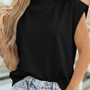Black Solid Color High Neck Cap Sleeve Loose Top