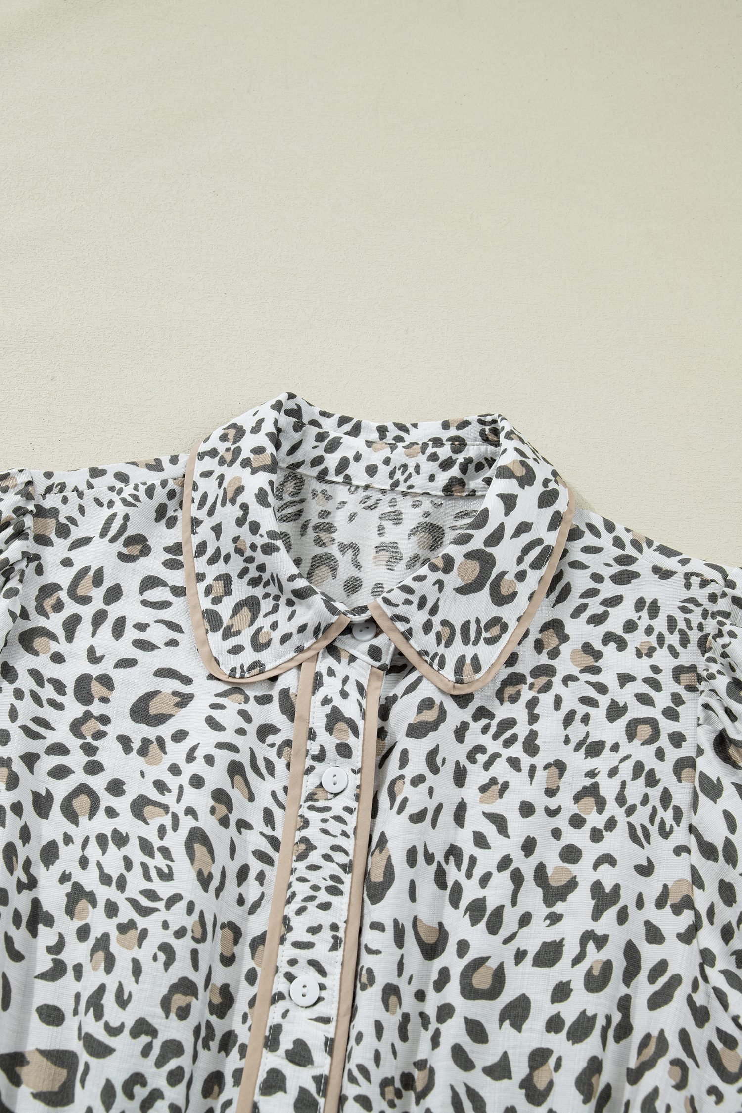 White Leopard Contrast Trim Button Front Short Puff Sleeve Long Dress