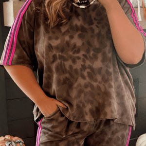 Brown Retro Leopard Print Contrast Varsity Stripe Trim Plus Size 2pcs Short Set