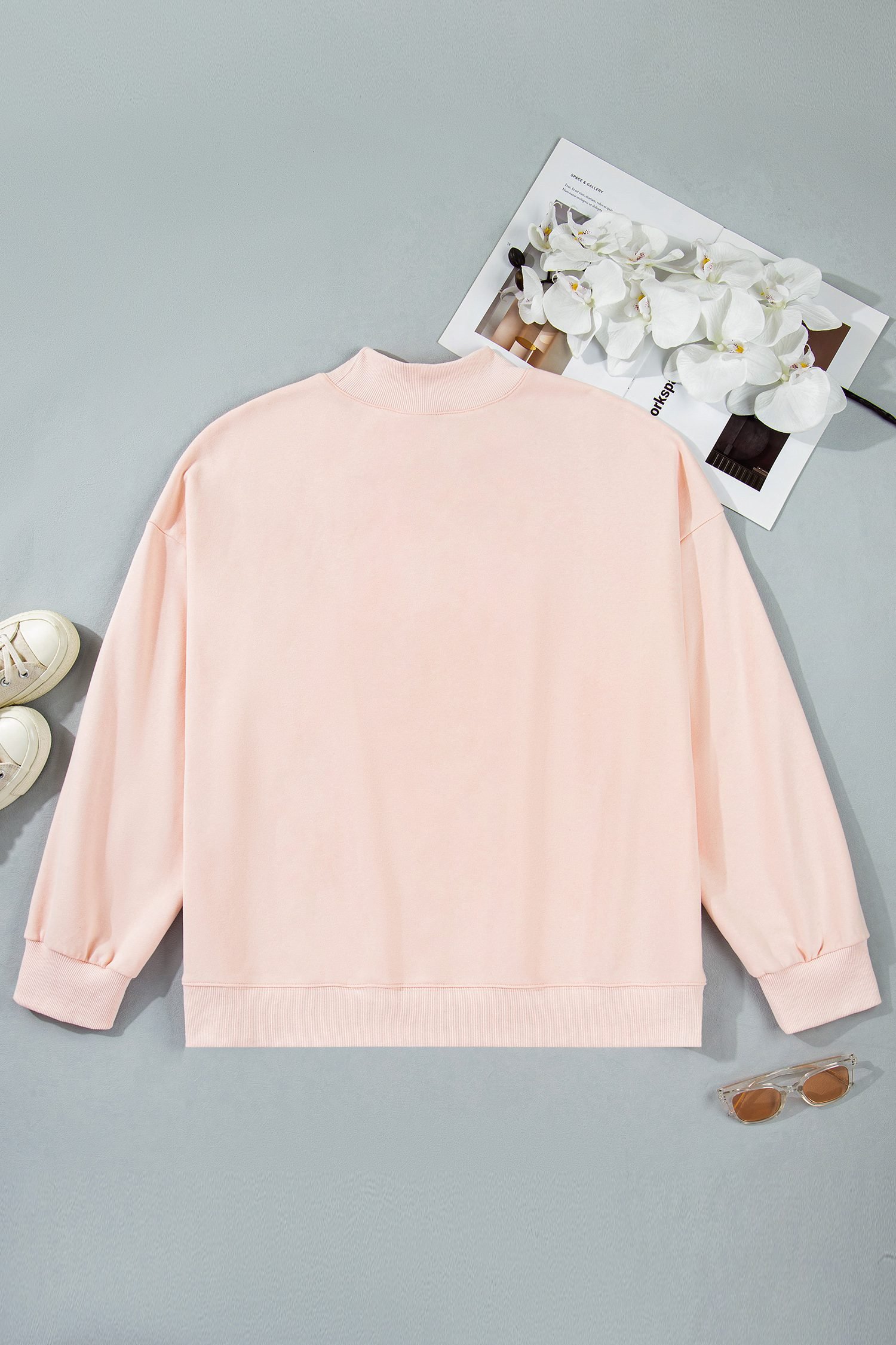 Light Pink BLESSED Embroidered Trim Patch Graphic Plus Size Mock Neck Sweatshirt