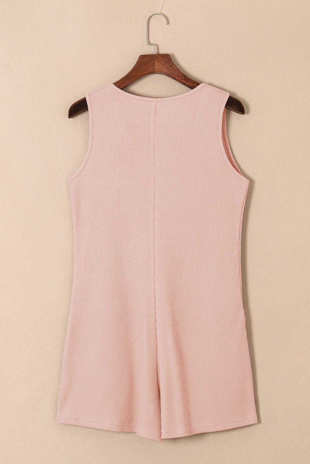 Light Pink Waffle Sleeveless U Neck Buttons Romper With Pockets