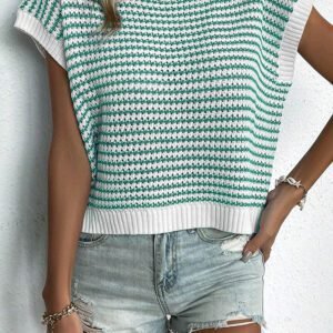 Green Stripe Ribbed Trim Loose Fit Knitted Sweater Vest