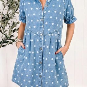 Sky Blue Polka Dot Print Ruffled Short Puff Sleeve Button Down Loose Denim Dress