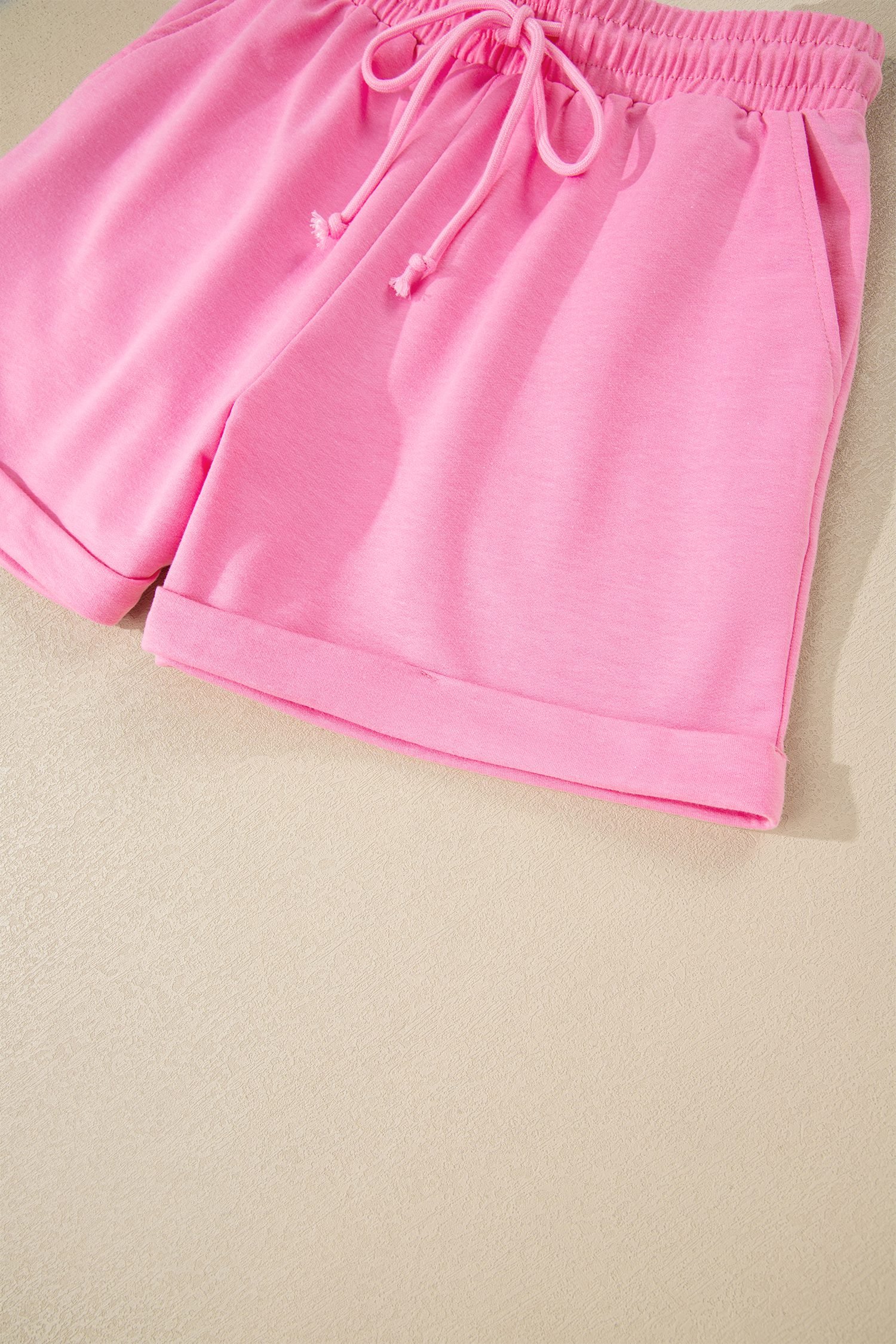 Bonbon Collared V Neck Tee Drawstring Elastic Waist Shorts 2pcs Outfit