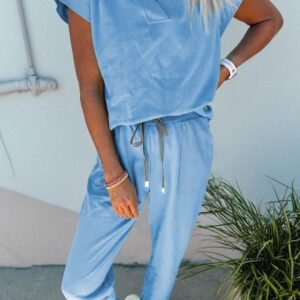 Beau Blue Solid Color V Neck Tee Drawstring Pant Set