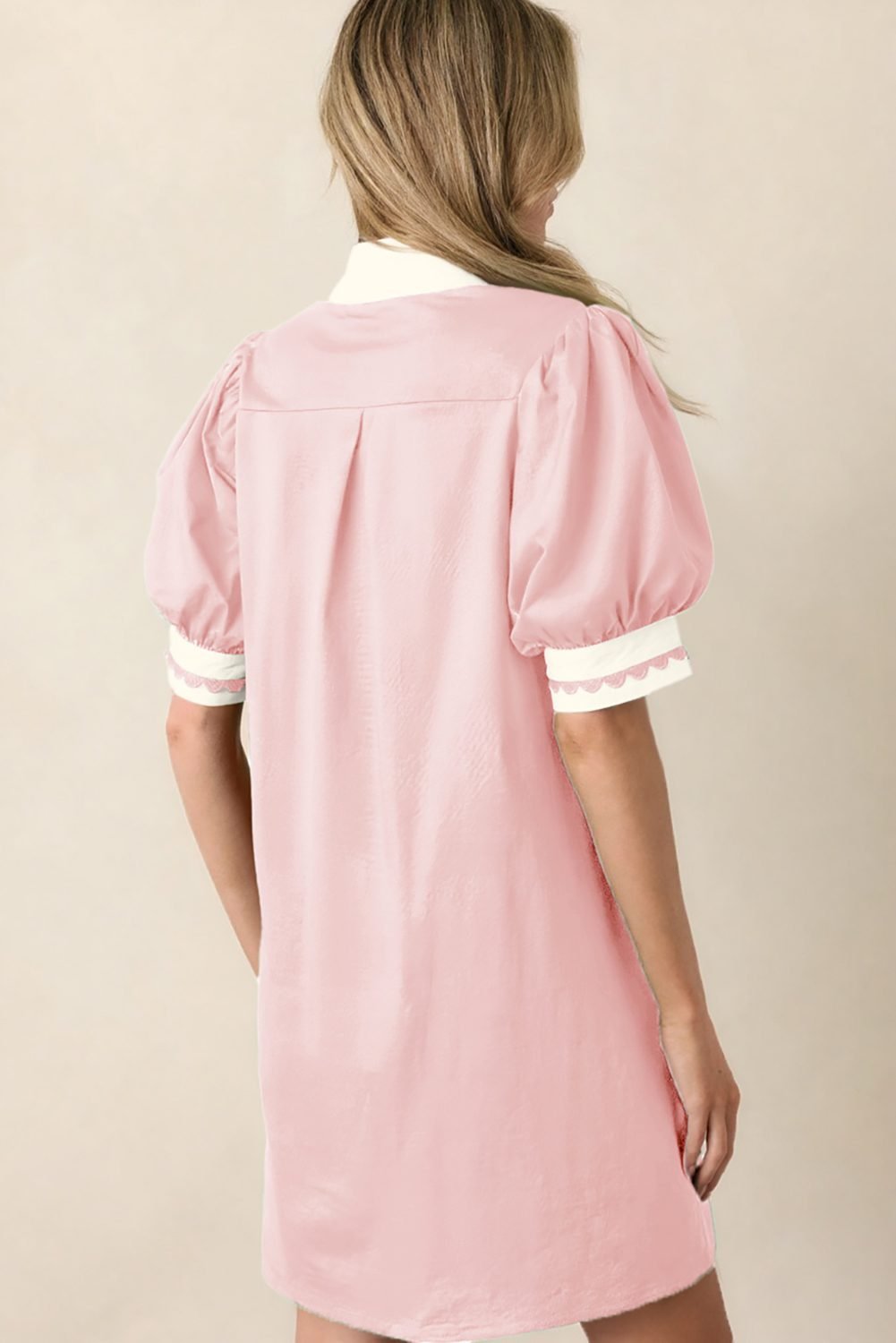 Light Pink Scallop Color Block Trim Puff Sleeve Mini Dress