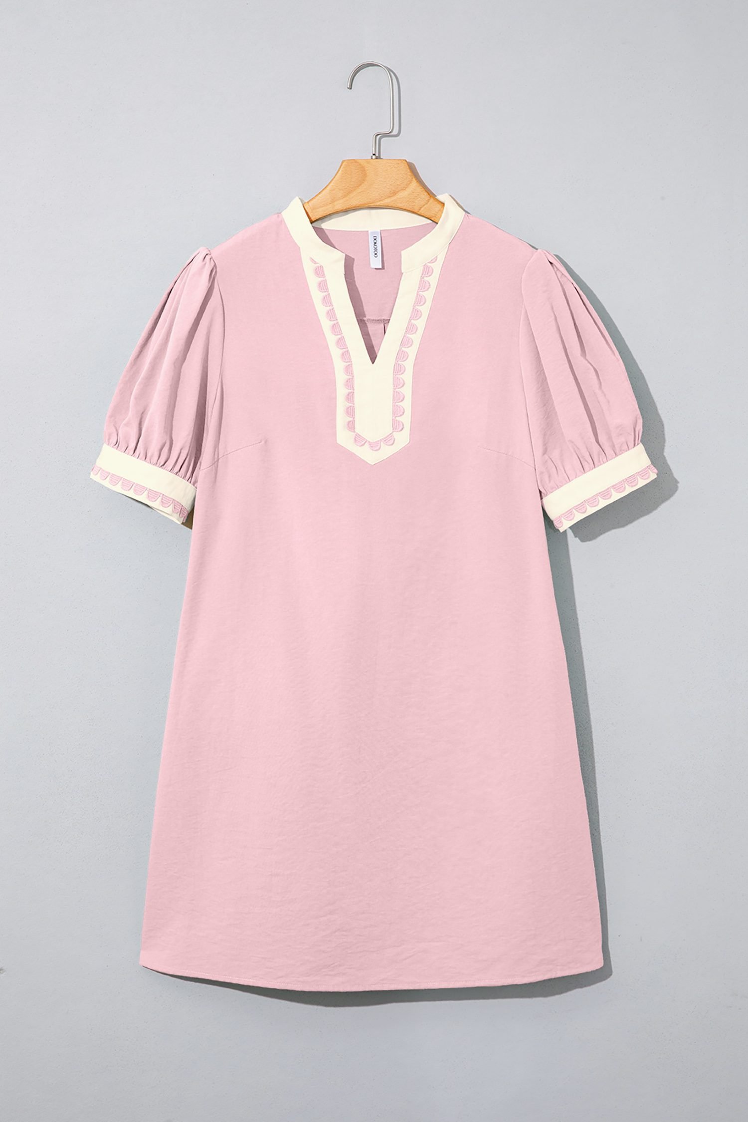 Light Pink Scallop Color Block Trim Puff Sleeve Mini Dress
