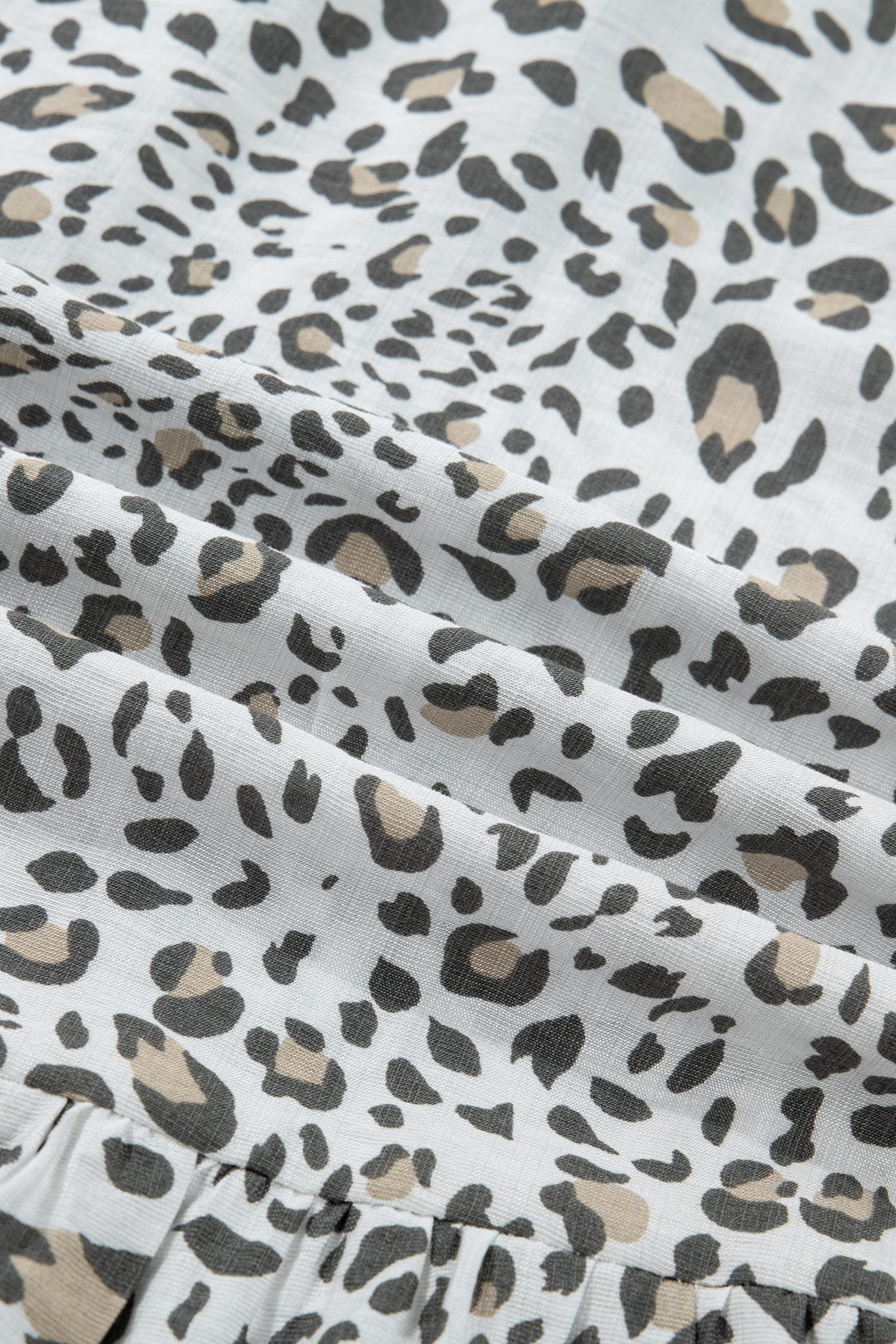 White Leopard Contrast Trim Button Front Short Puff Sleeve Long Dress