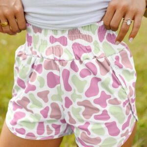 Green Camouflage Print Shirred High Waist Athleisure Shorts