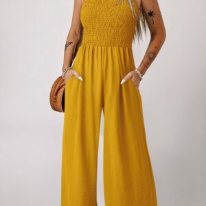Ginger Smocked Sleeveless Wide Leg Jumpsuit with Pockets