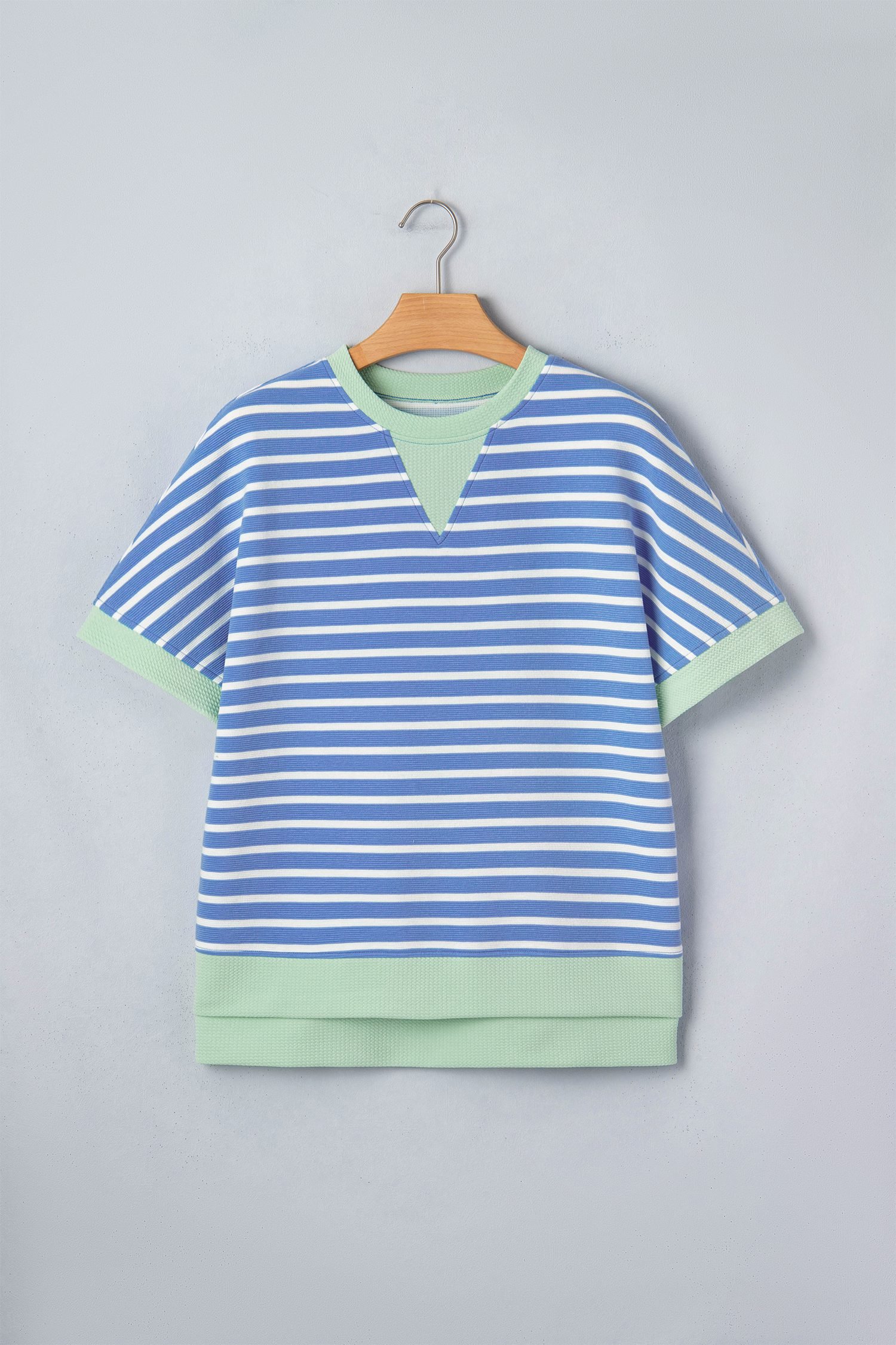 Sky Blue Stripe Contrast Trim Loose Short Sleeve Top