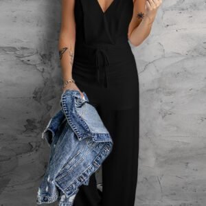 Black Solid Spaghetti Strap Wide Leg Drawstring High Waist Jumpsuit