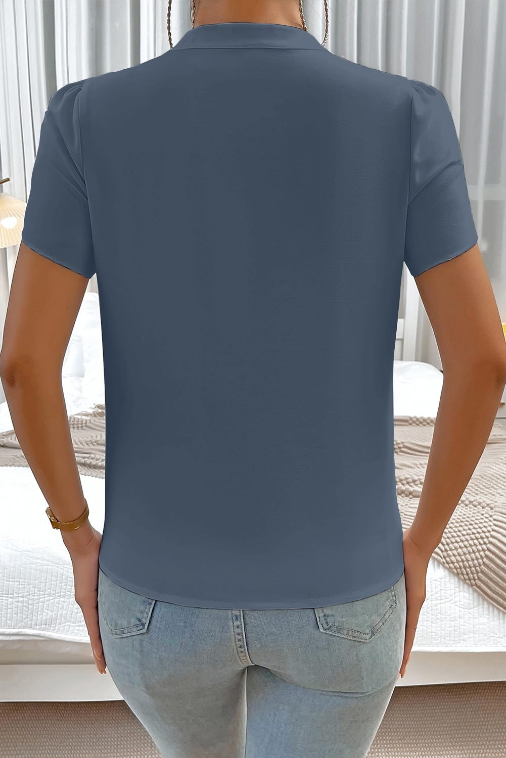 Sail Blue Silky Notched Neckline Petal Sleeve Blouse