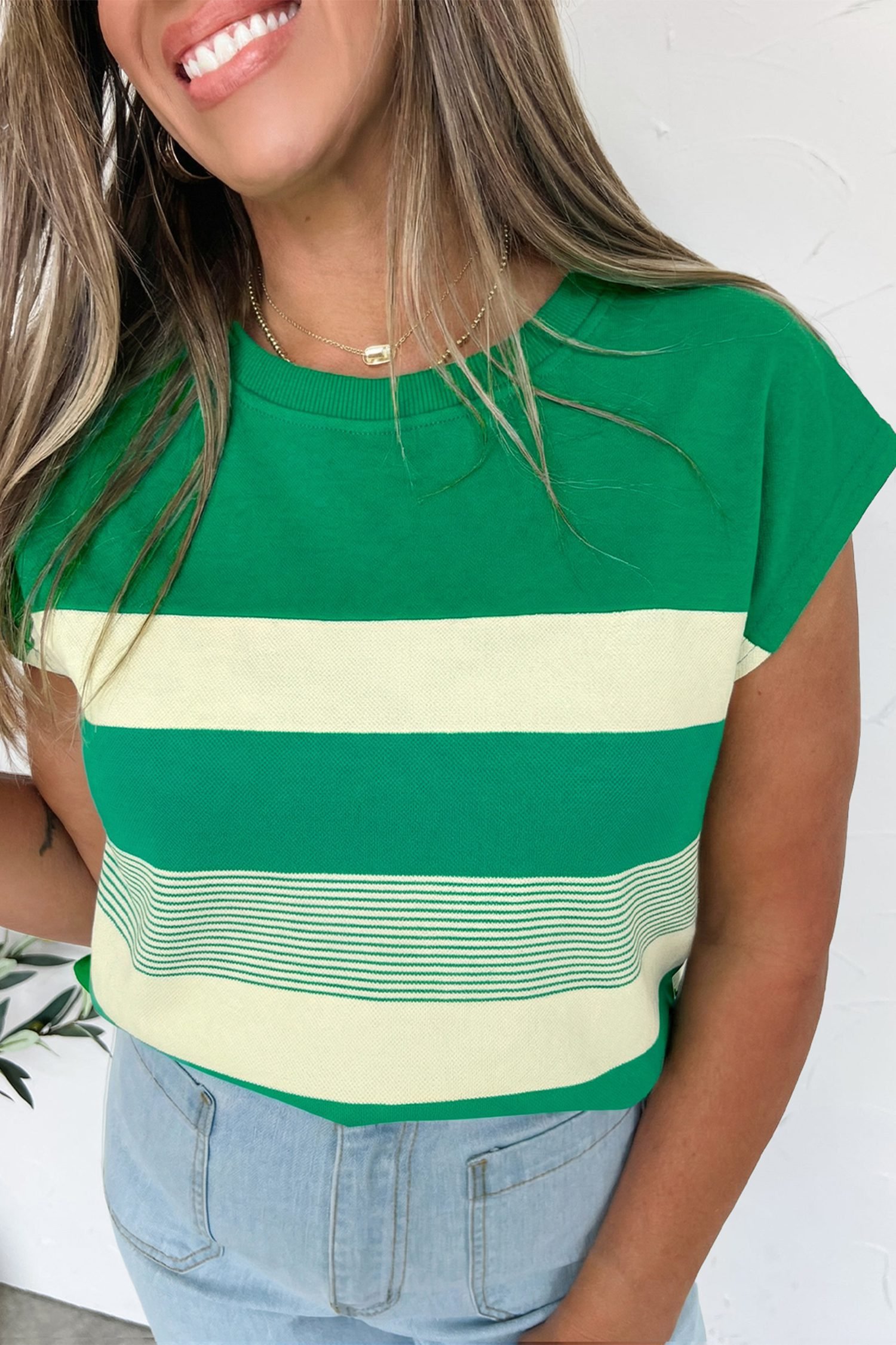Green Stripe Mixed Print Crew Neck Cap Sleeve T Shirt