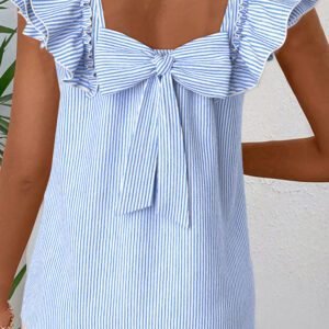 Sky Blue Stripe Square Neck Bow Decor Frilly Ruffled Short Sleeve Blouse