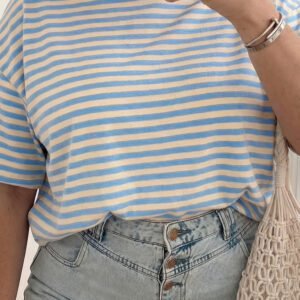Sky Blue Stripe Plus Size Drop Shoulder Contrast Trim Round Neck Tee